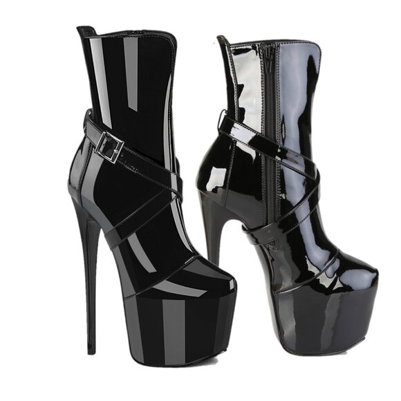 Juicy 1015 Black Patent Slim 7" Stiletto Platform Ankle Boots - Picture 4 of 4